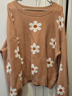 Boutique Womens Floral Knit Sweater - Dusty Rose with White Daisies